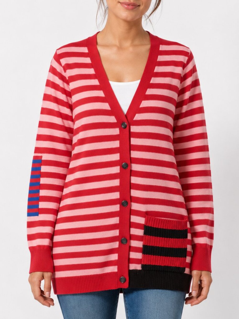 Cabi Red Pink Striped Long Cardigan Sweater S Colorblock Statement Pocket